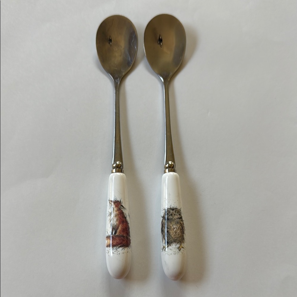 Set of 2 Royal Windsor Demitasse Tea Ceramic Handle Spoons Fox Owl